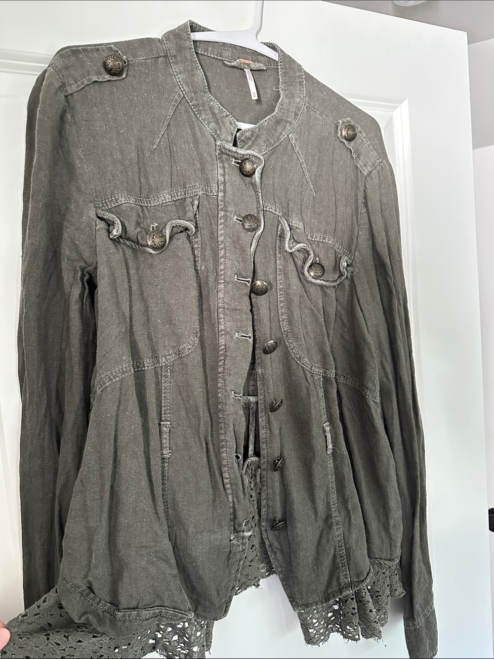 Free People Olive Green Military-Inspired Lace Hem Jacket - Picture 3 of 3